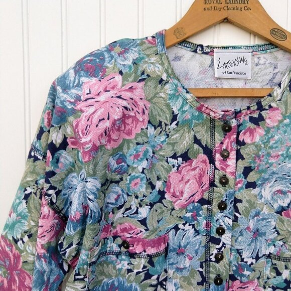 Vintage 90's Floral Crop Top Size M Button Front Tapestry Knit Grunge Coquette - Picture 2 of 15